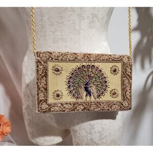 Vintage Zardosi Embroidered Peacock Evening Bag Gold Brocade Beaded Purse Silk